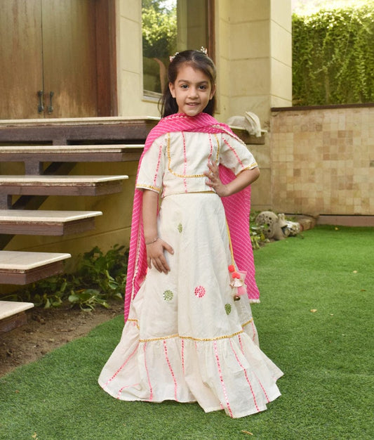 Manufactured by FAYON KIDS (Noida, U.P) Off white Embroidered Crop Top & Skirt