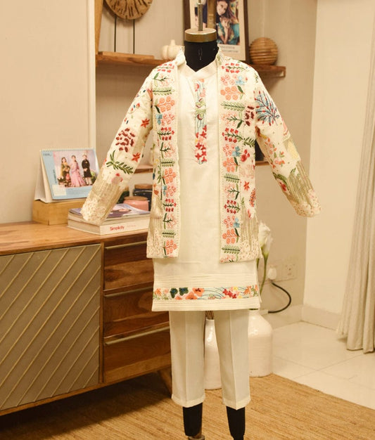 Manufactured by FAYON KIDS (Noida, U.P) Off white Embroidery Jacket with Kurta and Pant