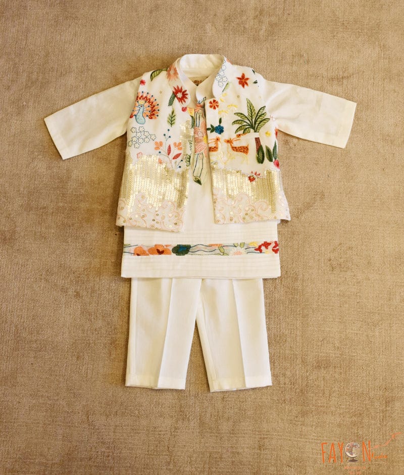 Manufactured by FAYON KIDS (Noida, U.P) Off white Embroidery Nehru Jacket with Kurta and Pant
