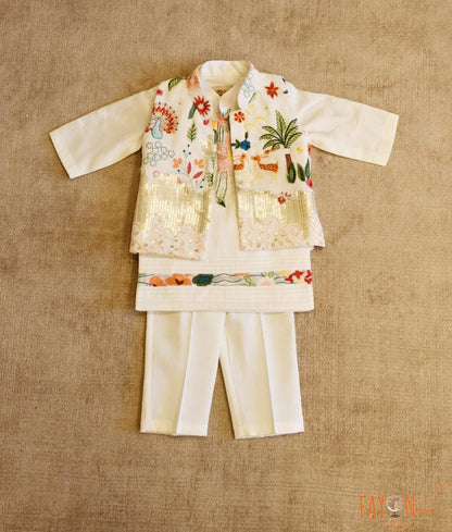 Manufactured by FAYON KIDS (Noida, U.P) Off white Embroidery Nehru Jacket with Kurta and Pant