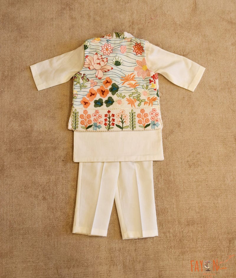 Manufactured by FAYON KIDS (Noida, U.P) Off white Embroidery Nehru Jacket with Kurta and Pant