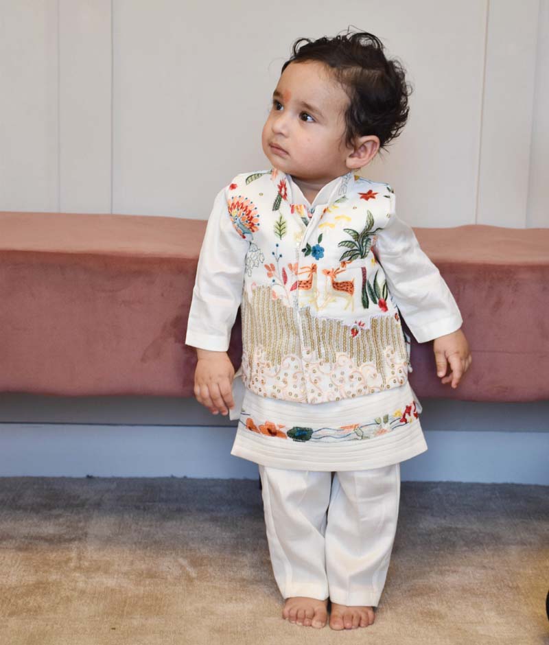 Fayon Kids Embroidery Nehru Jacket with Kurta Pant (Off white