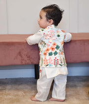Manufactured by FAYON KIDS (Noida, U.P) Off white Embroidery Nehru Jacket with Kurta and Pant
