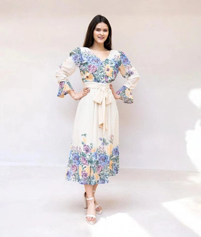 Manufactured by FAYON KIDS (Noida, U.P) Off-White Georgette Printed Dress