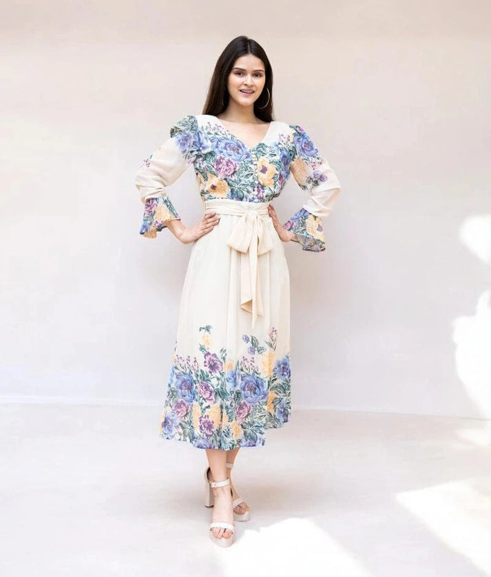 Manufactured by FAYON KIDS (Noida, U.P) Off-White Georgette Printed Dress