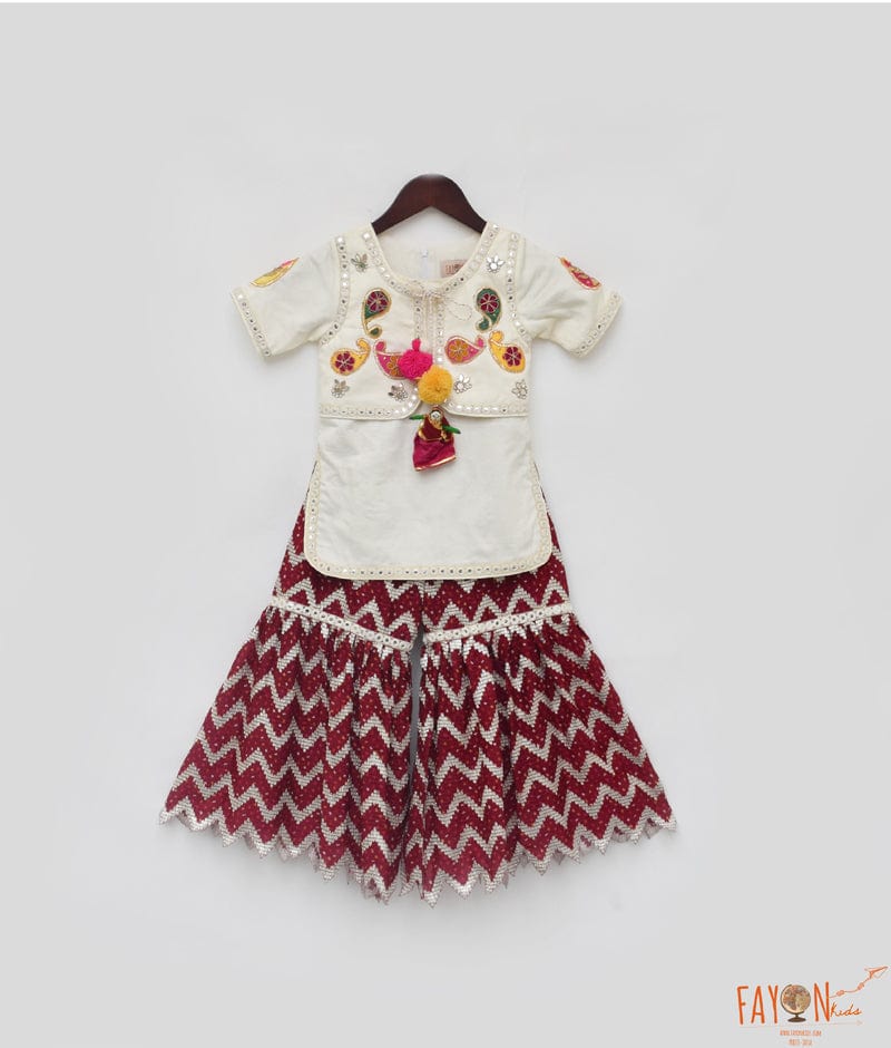 Manufactured by FAYON KIDS (Noida, U.P) Off white Kurti with Maroon Sharara for Girls