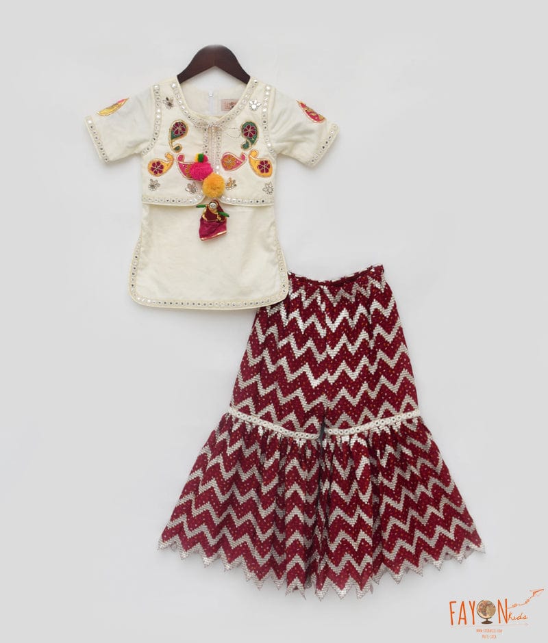 Manufactured by FAYON KIDS (Noida, U.P) Off white Kurti with Maroon Sharara for Girls