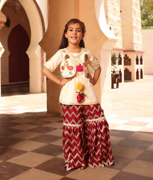 Manufactured by FAYON KIDS (Noida, U.P) Off white Kurti with Maroon Sharara for Girls