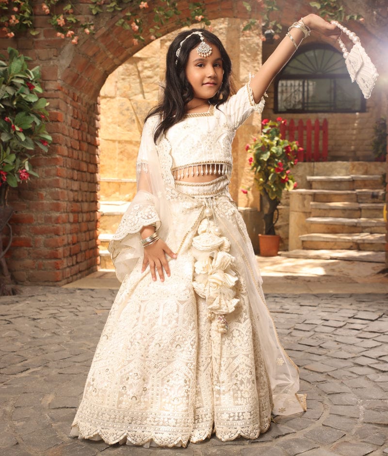 Peach Gota Patti Laced Bell Sleeved Kids Lehenga Choli Latest 217KW07