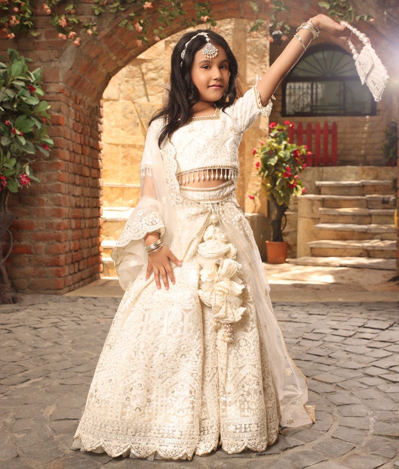 Manufactured by FAYON KIDS (Noida, U.P) Off white Sequence Embroidery Lehenga Choli for Girls