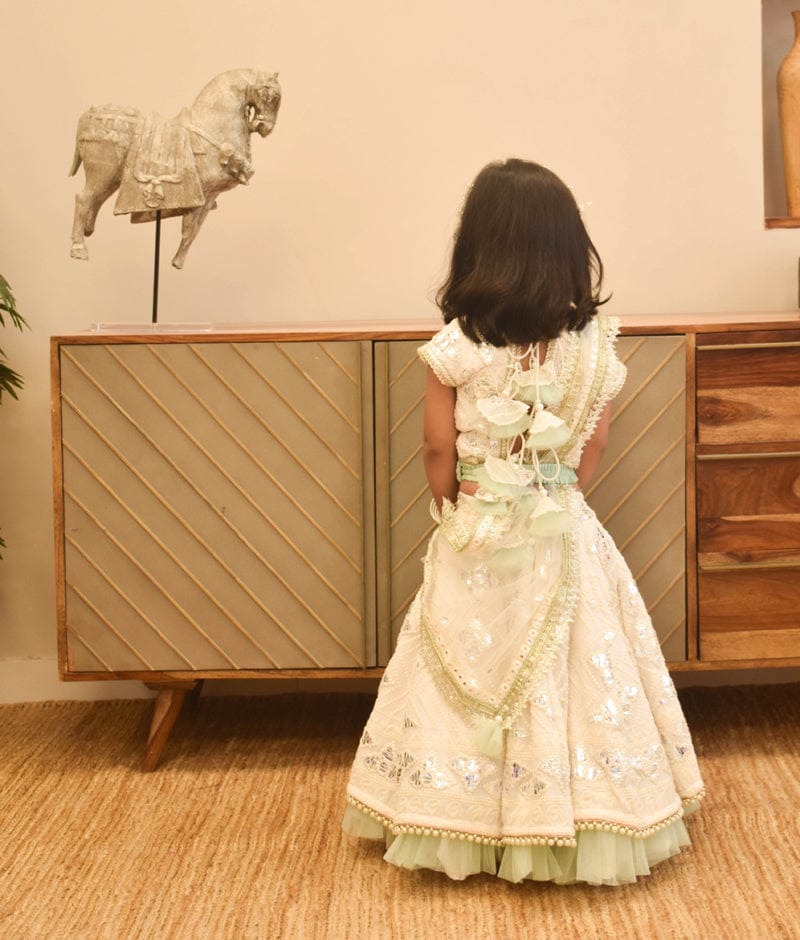 Manufactured by FAYON KIDS (Noida, U.P) Off White Thread and Gota Embroidery Lehenga Choli with Green Frll for Girls