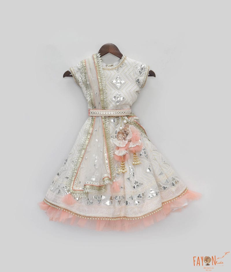 Manufactured by FAYON KIDS (Noida, U.P) Off White Thread and Gota Embroidery Lehenga Choli with Peach Frll for Girls
