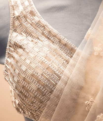 Manufactured by FAYON KIDS (Noida, U.P) Off-White Thread Embroidered Saree Set