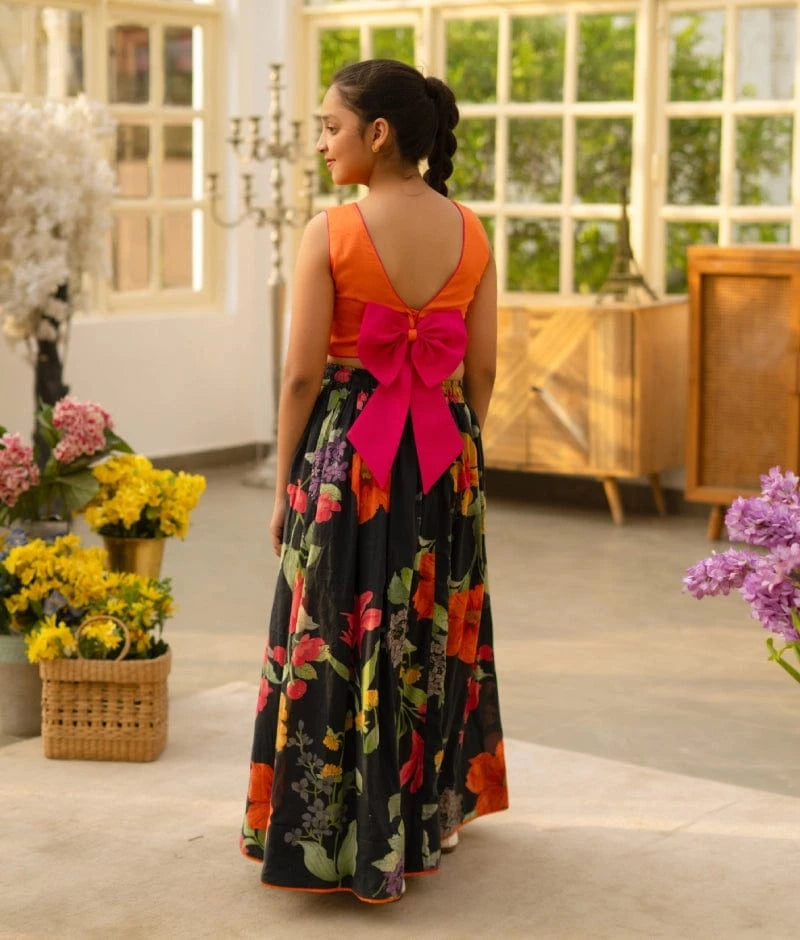 Manufactured by FAYON KIDS (Noida, U.P) Orange Crop Top with Printed Skirt