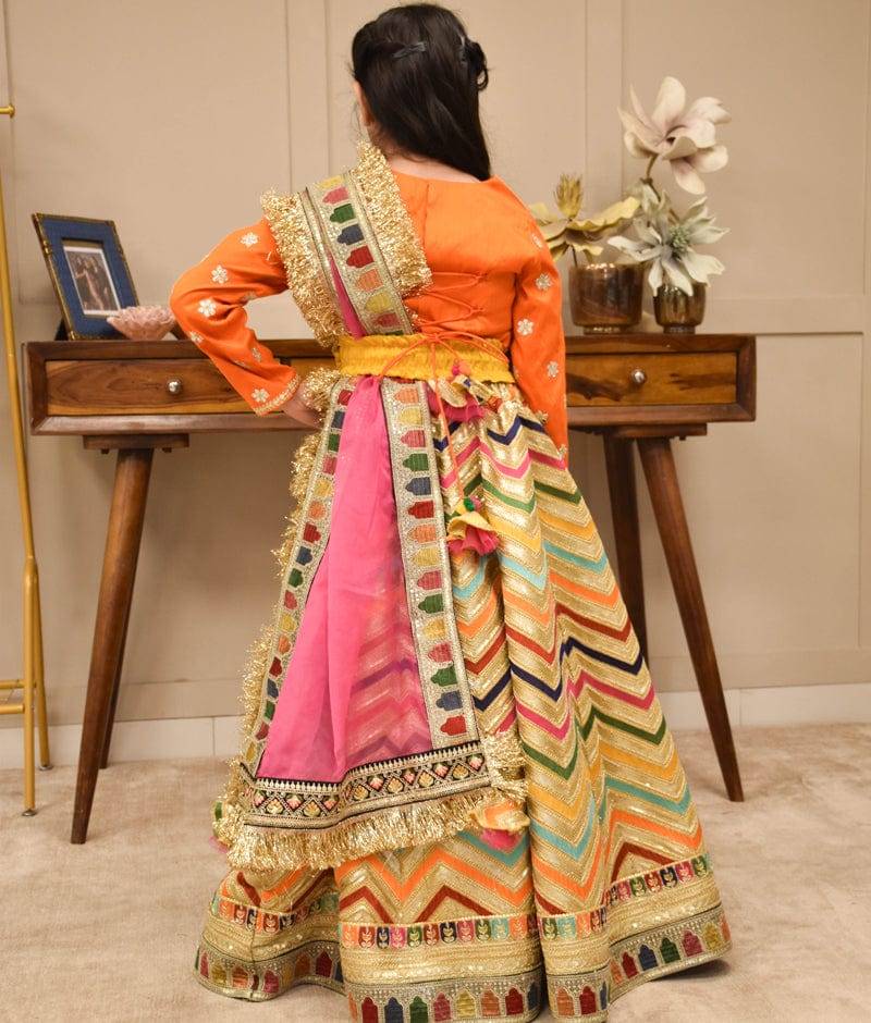 Manufactured by FAYON KIDS (Noida, U.P) Orange Elegance Embroidered Lehenga & Silk Choli Set