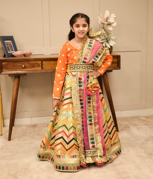 Manufactured by FAYON KIDS (Noida, U.P) Orange Elegance Embroidered Lehenga & Silk Choli Set