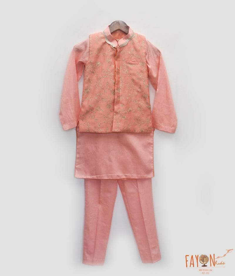 Manufactured by FAYON KIDS (Noida, U.P) Orange Embroidered Nehru Jacket with Kurta and Pant