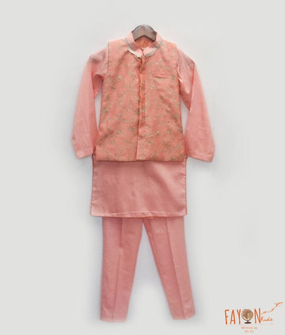 Orange Embroidered Nehru Jacket with Kurta and Pant