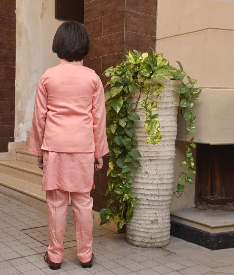Manufactured by FAYON KIDS (Noida, U.P) Orange Embroidered Nehru Jacket with Kurta and Pant