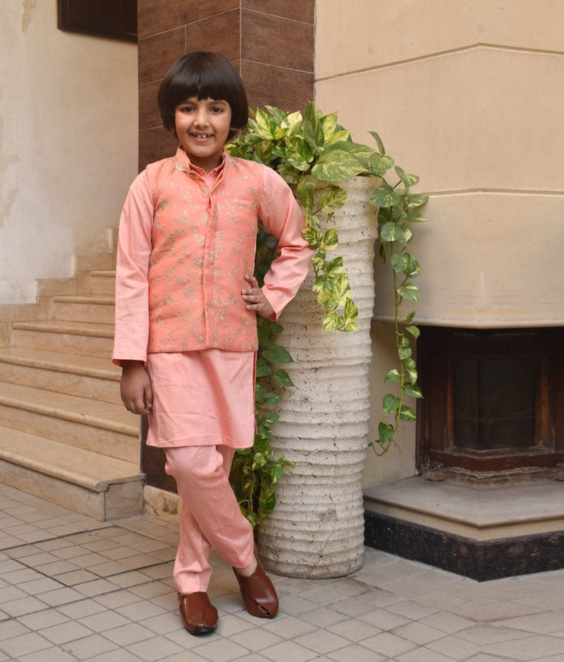 Manufactured by FAYON KIDS (Noida, U.P) Orange Embroidered Nehru Jacket with Kurta and Pant