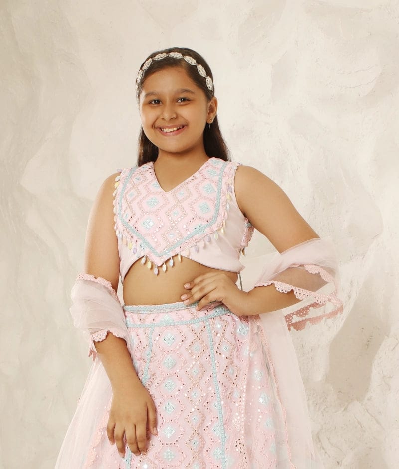 Manufactured by FAYON KIDS (Noida, U.P) Pastel Dream: Baby Pink Embroidered Lehenga Set