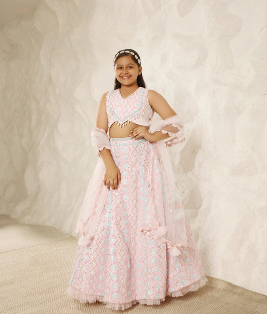 Manufactured by FAYON KIDS (Noida, U.P) Pastel Dream: Baby Pink Embroidered Lehenga Set