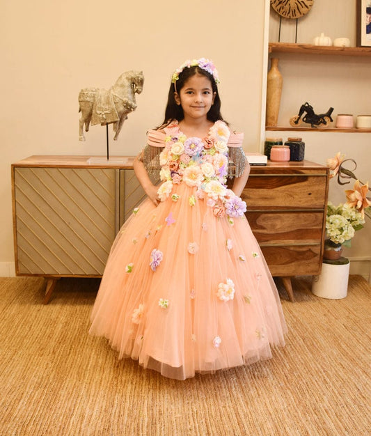 Manufactured by FAYON KIDS (Noida, U.P) Peach Blossom Delight: 3D Floral Gown