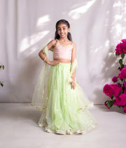 Manufactured by FAYON KIDS (Noida, U.P) Peach Brocade Choli with Green Lehenga