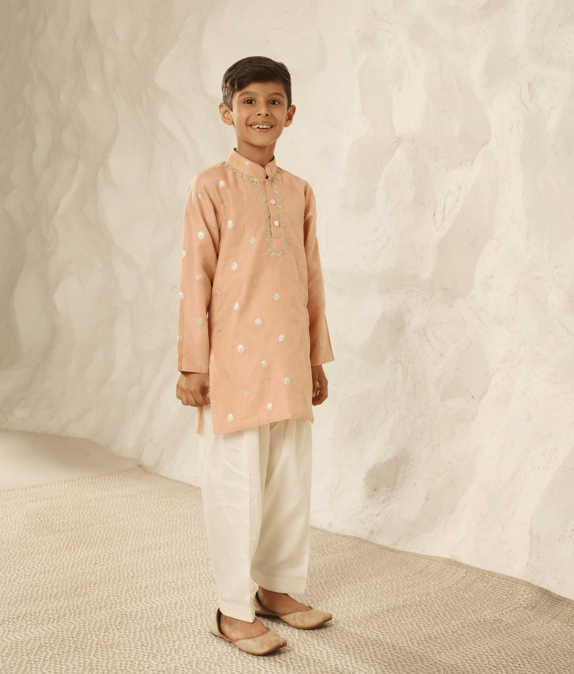 Manufactured by FAYON KIDS (Noida, U.P) Peach Chanderi Kurta with Pant for Boys
