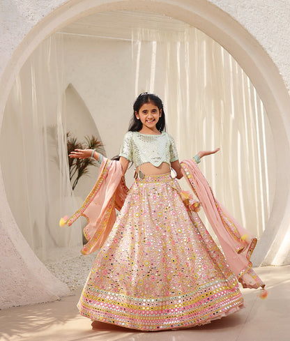 Manufactured by FAYON KIDS (Noida, U.P) Peach Embroidered Choli with Lehenga