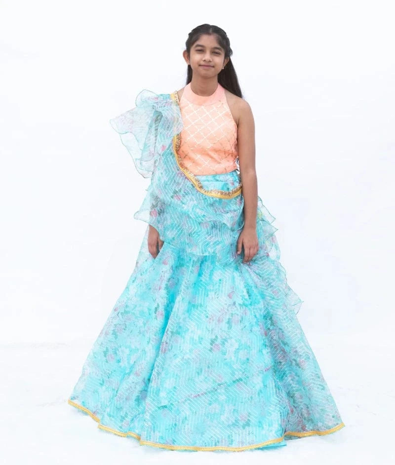 Manufactured by FAYON KIDS (Noida, U.P) Peach Embroidered Choli with Printed Organza Lehenga Set