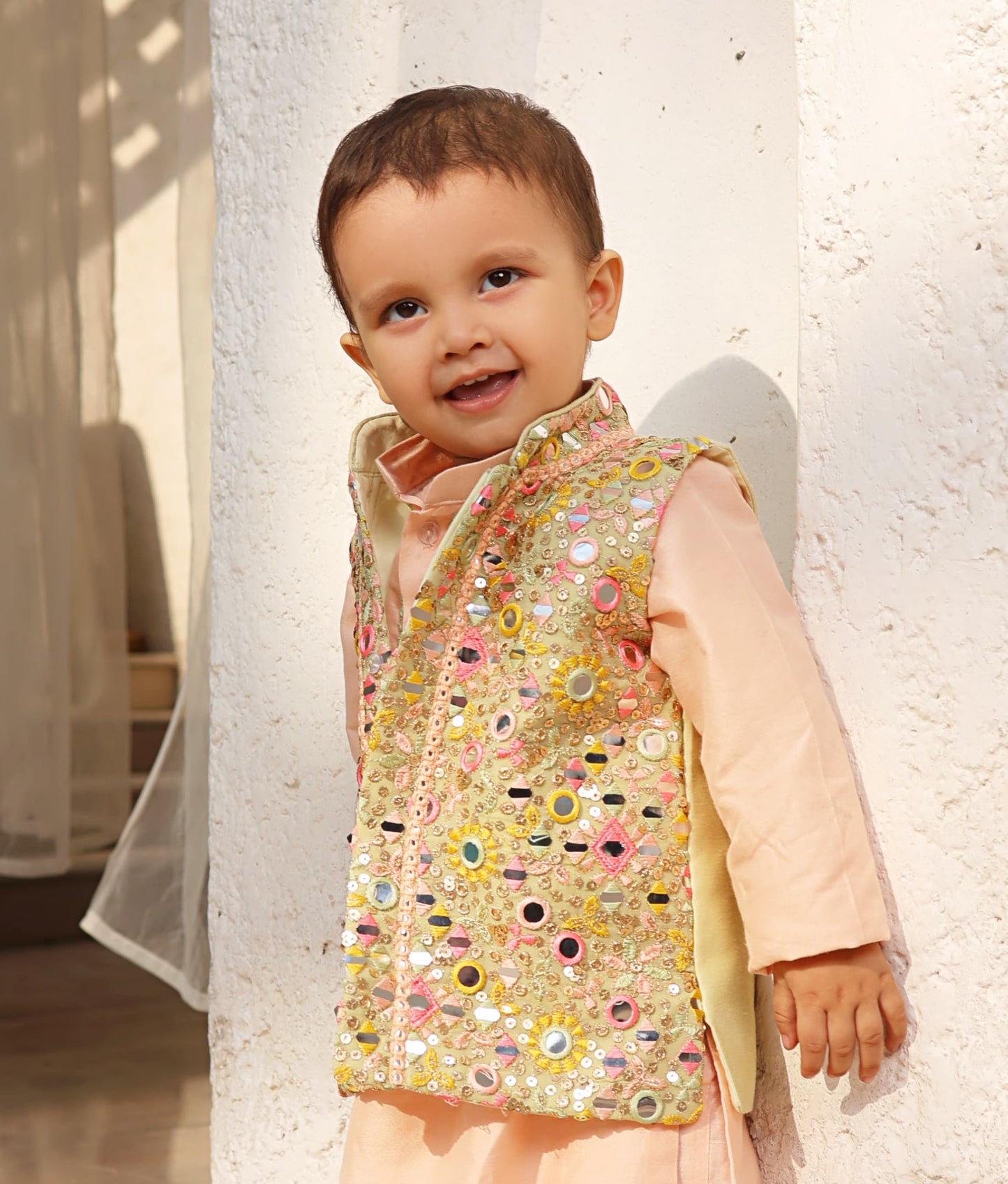 Manufactured by FAYON KIDS (Noida, U.P) Peach Embroidered Jacket with Kurta and Pant