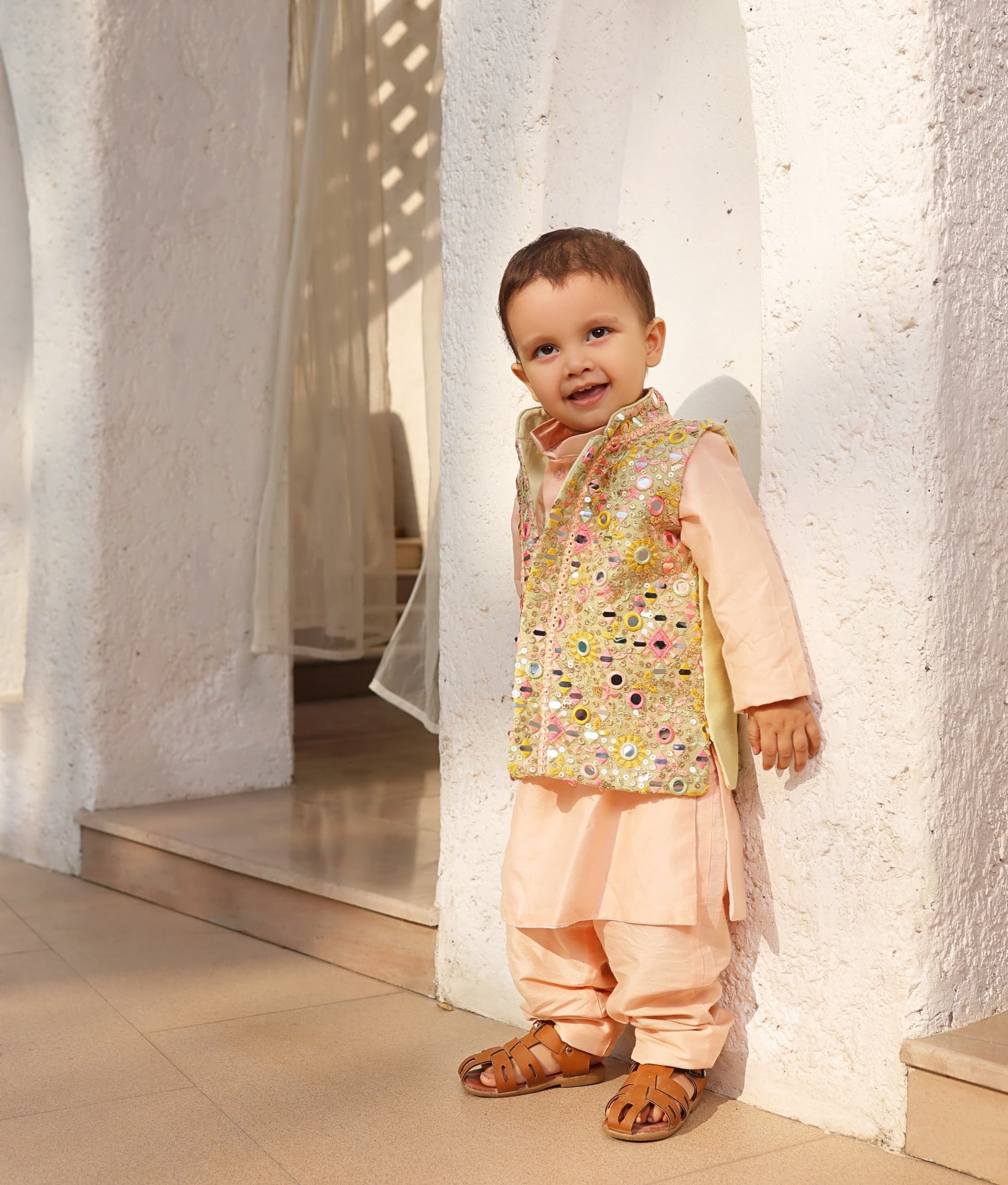 Manufactured by FAYON KIDS (Noida, U.P) Peach Embroidered Jacket with Kurta and Pant