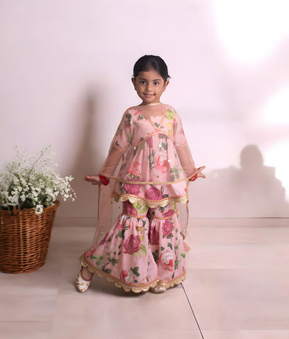 Manufactured by FAYON KIDS (Noida, U.P) Peach Printed Kurti with Sharara