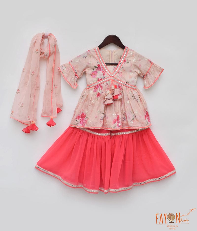 Manufactured by FAYON KIDS (Noida, U.P) Peach Printed Kurti with Sharara for Girls