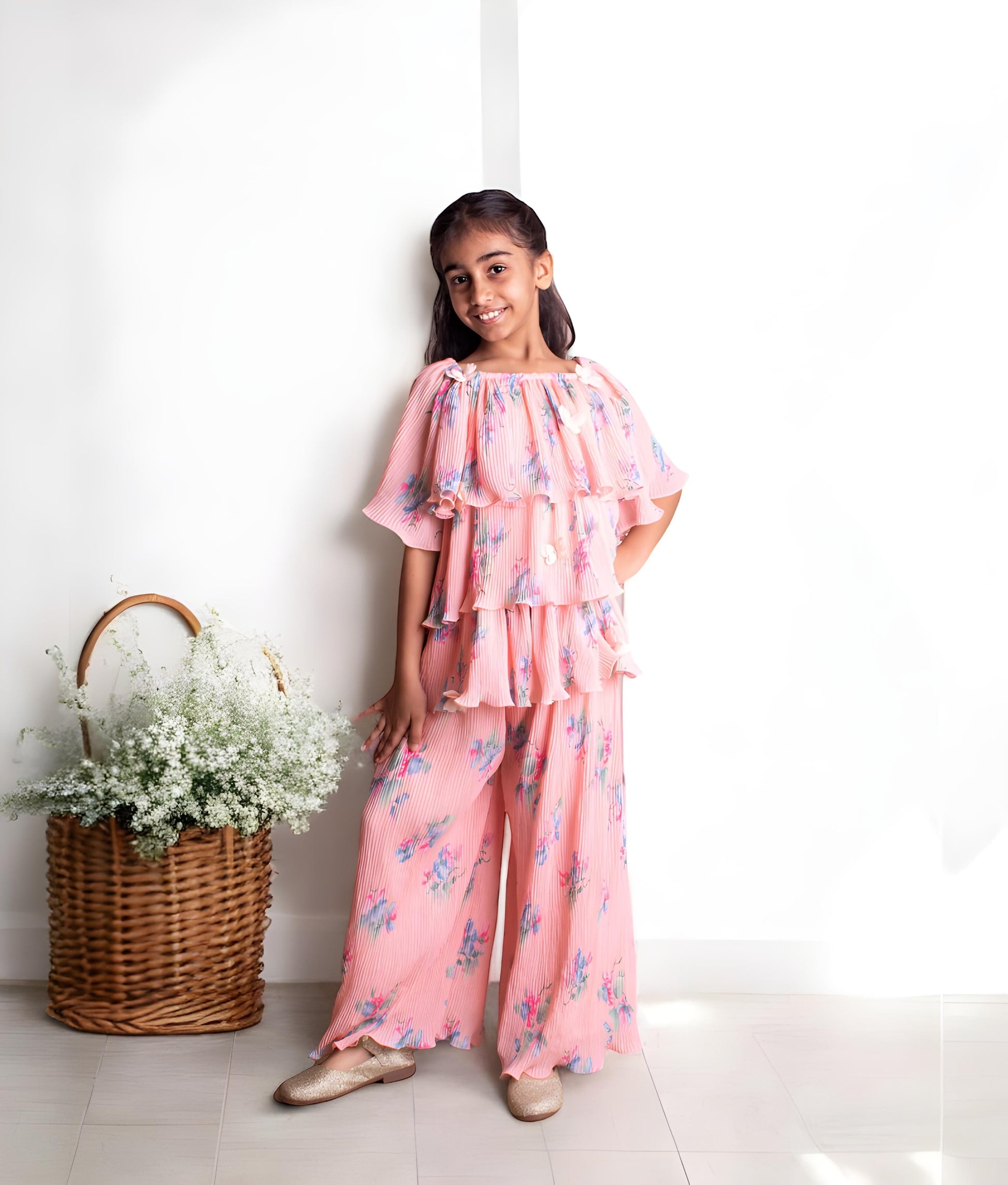 Manufactured by FAYON KIDS (Noida, U.P) Peach Printed Layered kurti with Plazzo for Girls