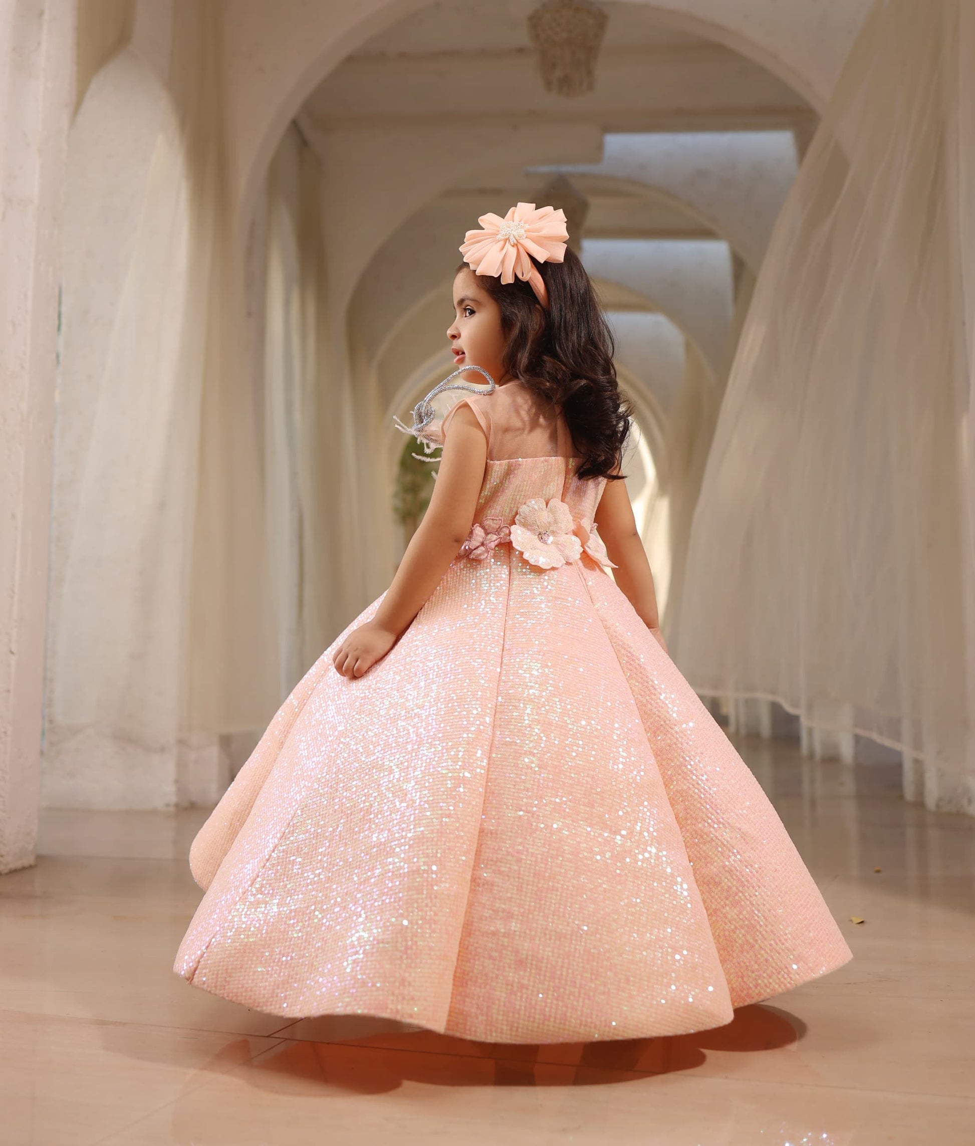 Manufactured by FAYON KIDS (Noida, U.P) Peach Sequence Embroidery Gown