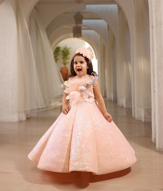 Manufactured by FAYON KIDS (Noida, U.P) Peach Sequence Embroidery Gown