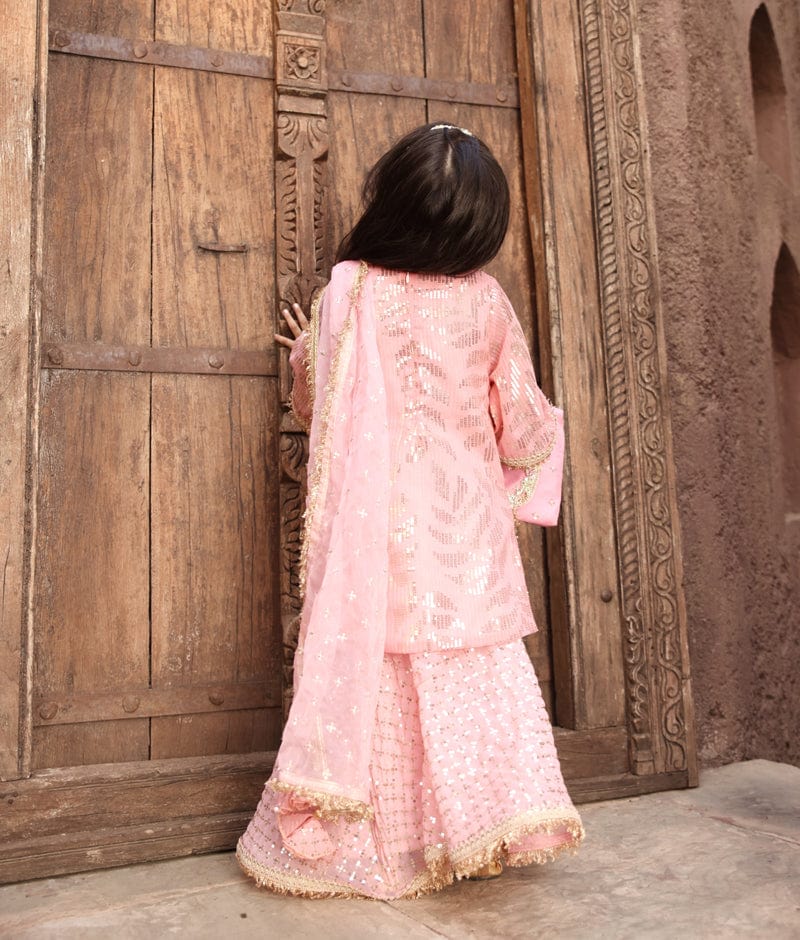 Manufactured by FAYON KIDS (Noida, U.P) Peach Sequence Embroidery Kurti Sharara for Girls