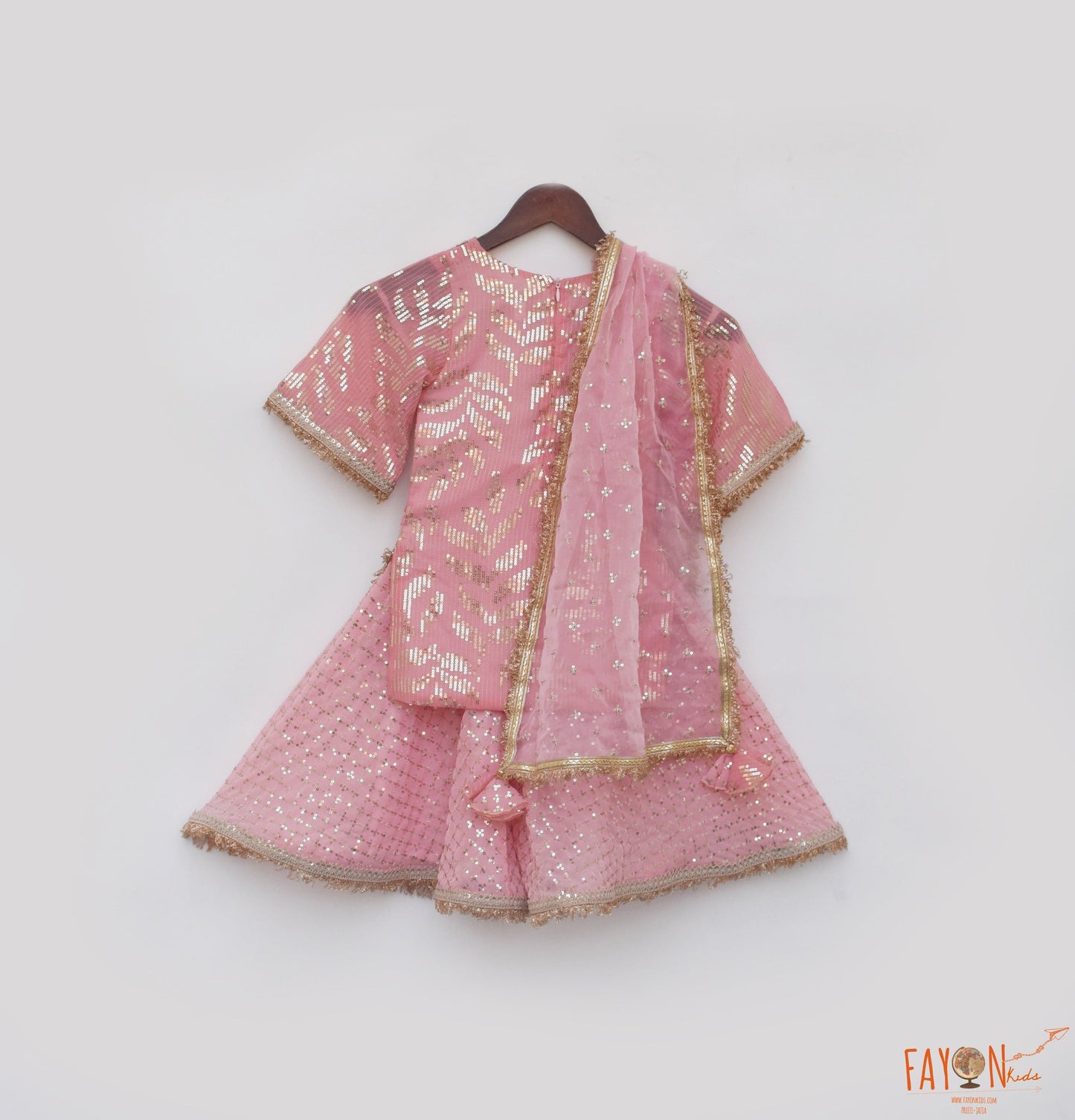 Manufactured by FAYON KIDS (Noida, U.P) Peach Sequence Embroidery Kurti Sharara for Girls