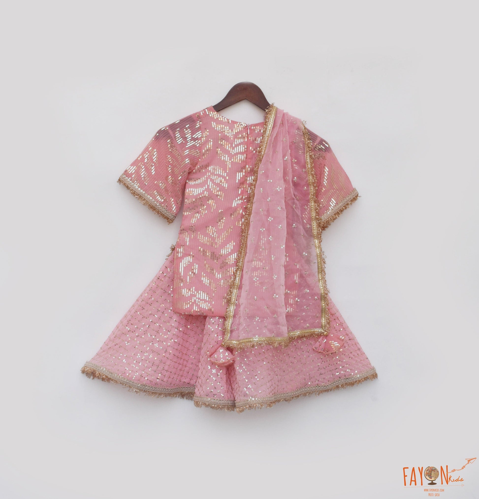 Manufactured by FAYON KIDS (Noida, U.P) Peach Sequence Embroidery Kurti Sharara for Girls