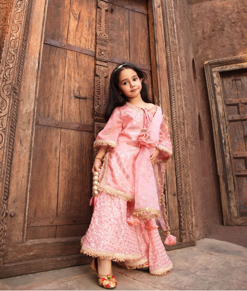 Manufactured by FAYON KIDS (Noida, U.P) Peach Sequence Embroidery Kurti Sharara for Girls