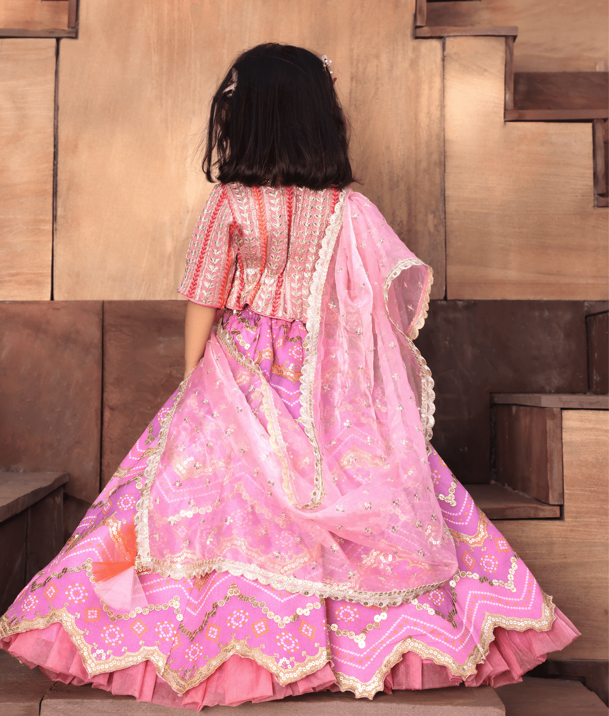 Manufactured by FAYON KIDS (Noida, U.P) Pink Bandhej Lehenga Set