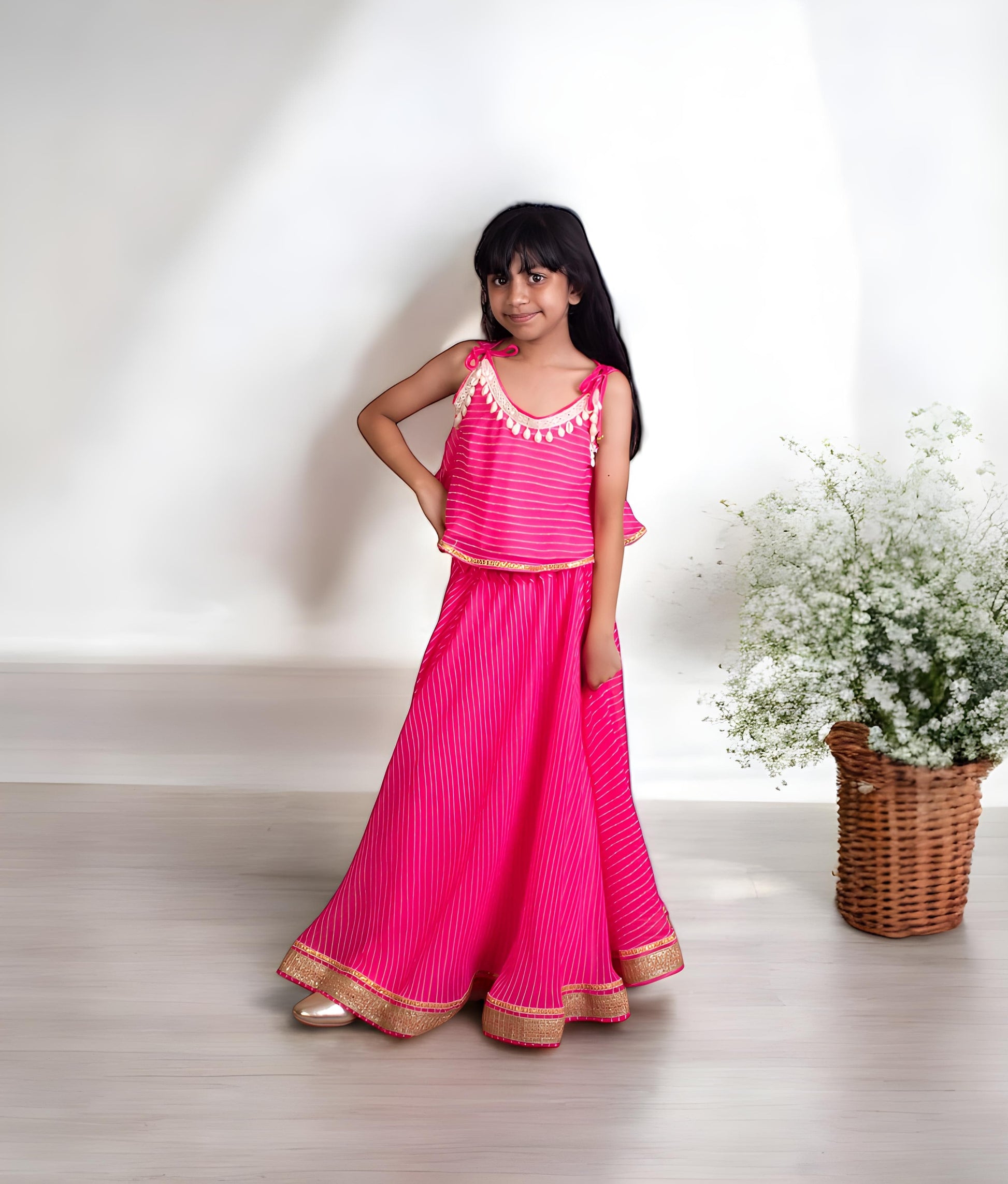 Manufactured by FAYON KIDS (Noida, U.P) Pink Bandhej Top with Bandhej Skirt