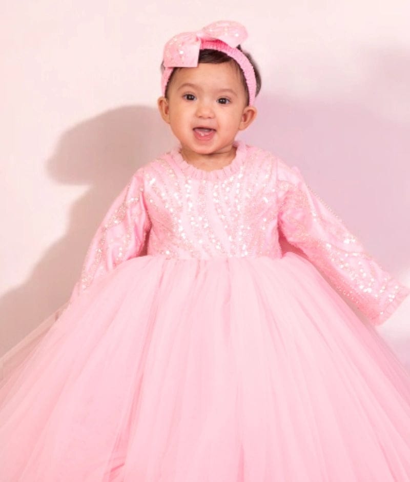 Pink Birthday Gown with Embroidered Net