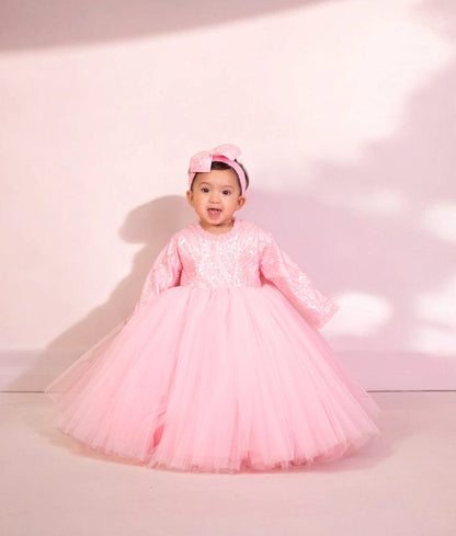 Pink Birthday Gown with Embroidered Net