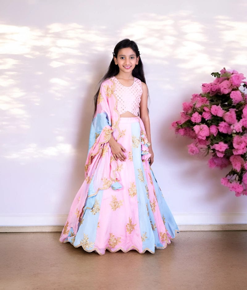 Manufactured by FAYON KIDS (Noida, U.P) Pink & Blue Embroidered Lehenga Set