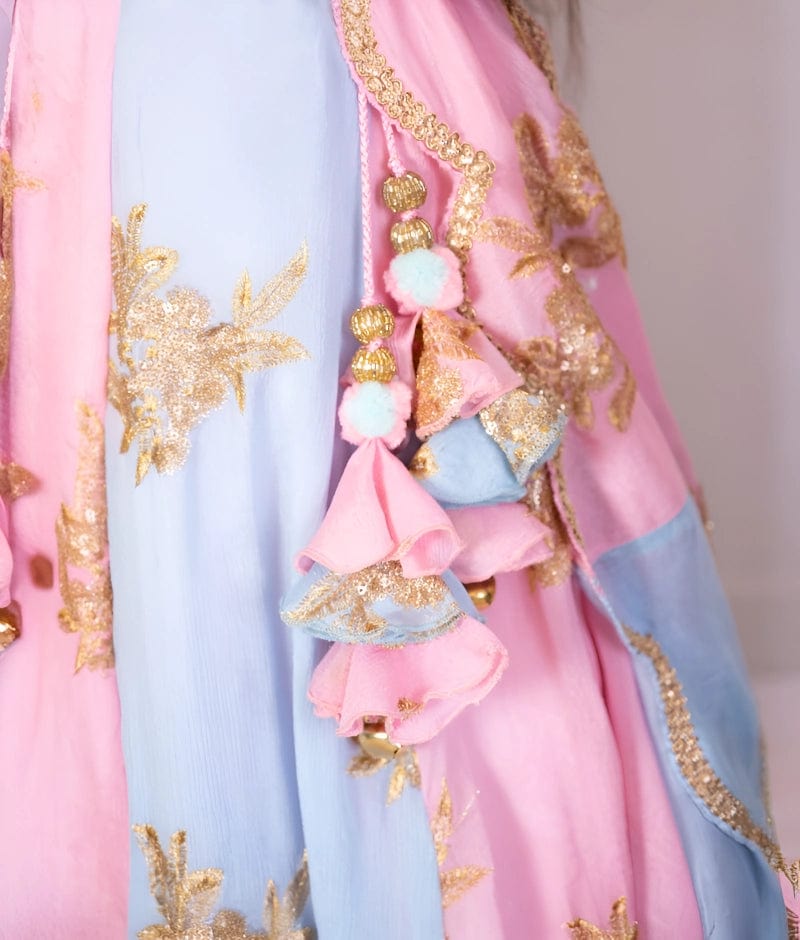 Manufactured by FAYON KIDS (Noida, U.P) Pink & Blue Embroidered Lehenga Set