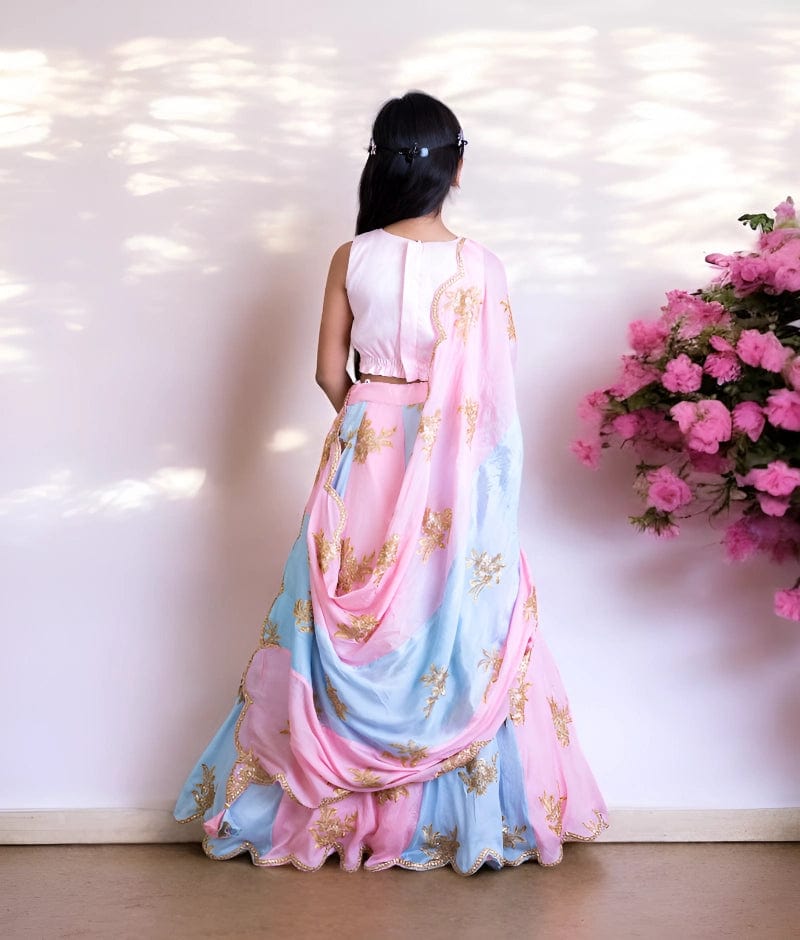 Manufactured by FAYON KIDS (Noida, U.P) Pink & Blue Embroidered Lehenga Set