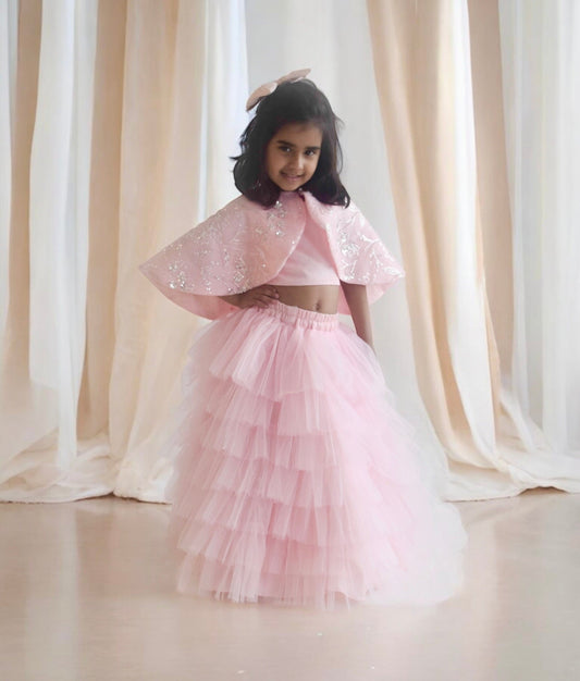 Manufactured by FAYON KIDS (Noida, U.P) Pink Crop Top Skirt with Cape